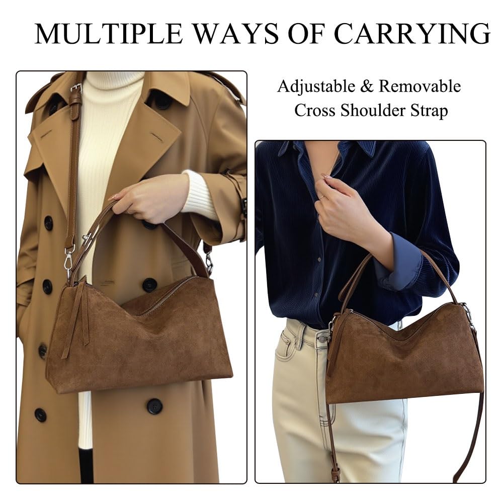 Suede Hobo Bags for Women,Faux Leather Handbags with Shoulder Strap, Crossbody Purse with Flower Keychain for Autumn