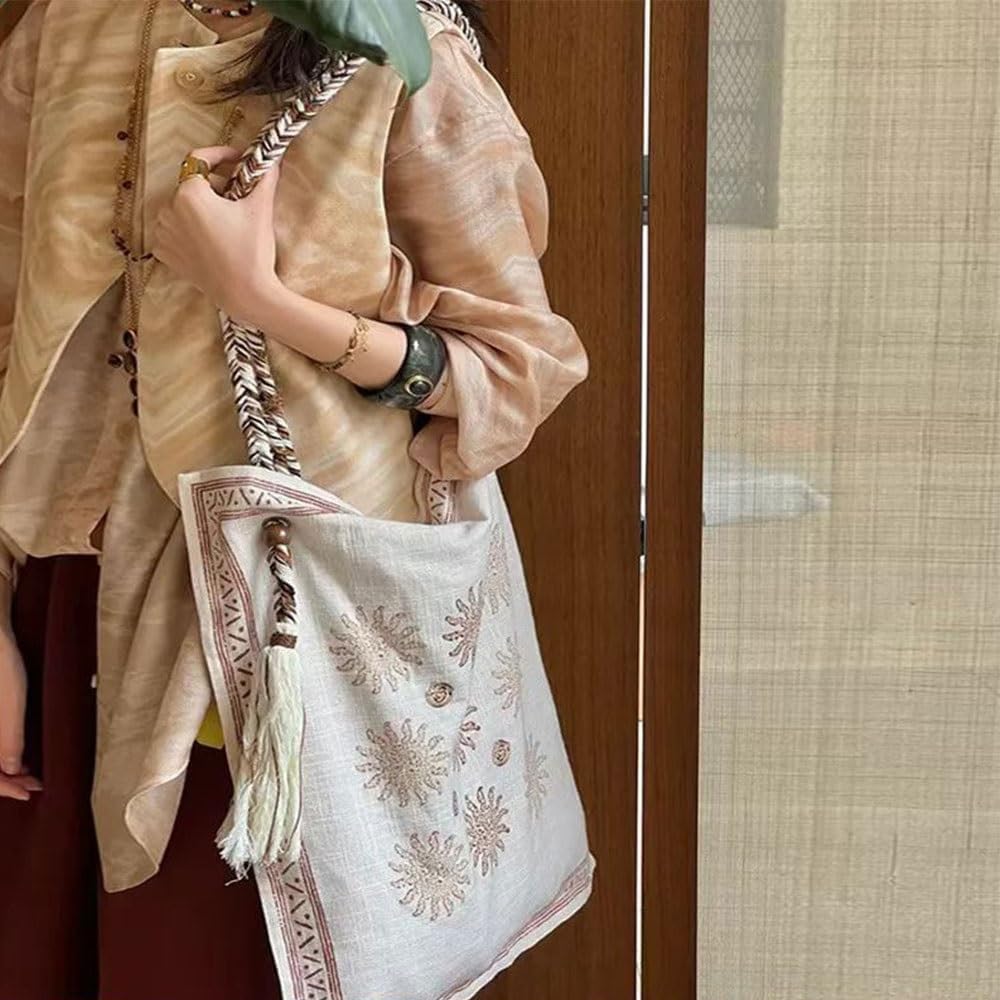 Bohemian Linen Crossbody Bag for Women，Casual Hobo Bags with Flower Patterns/Braided Tassel Shoulder Straps