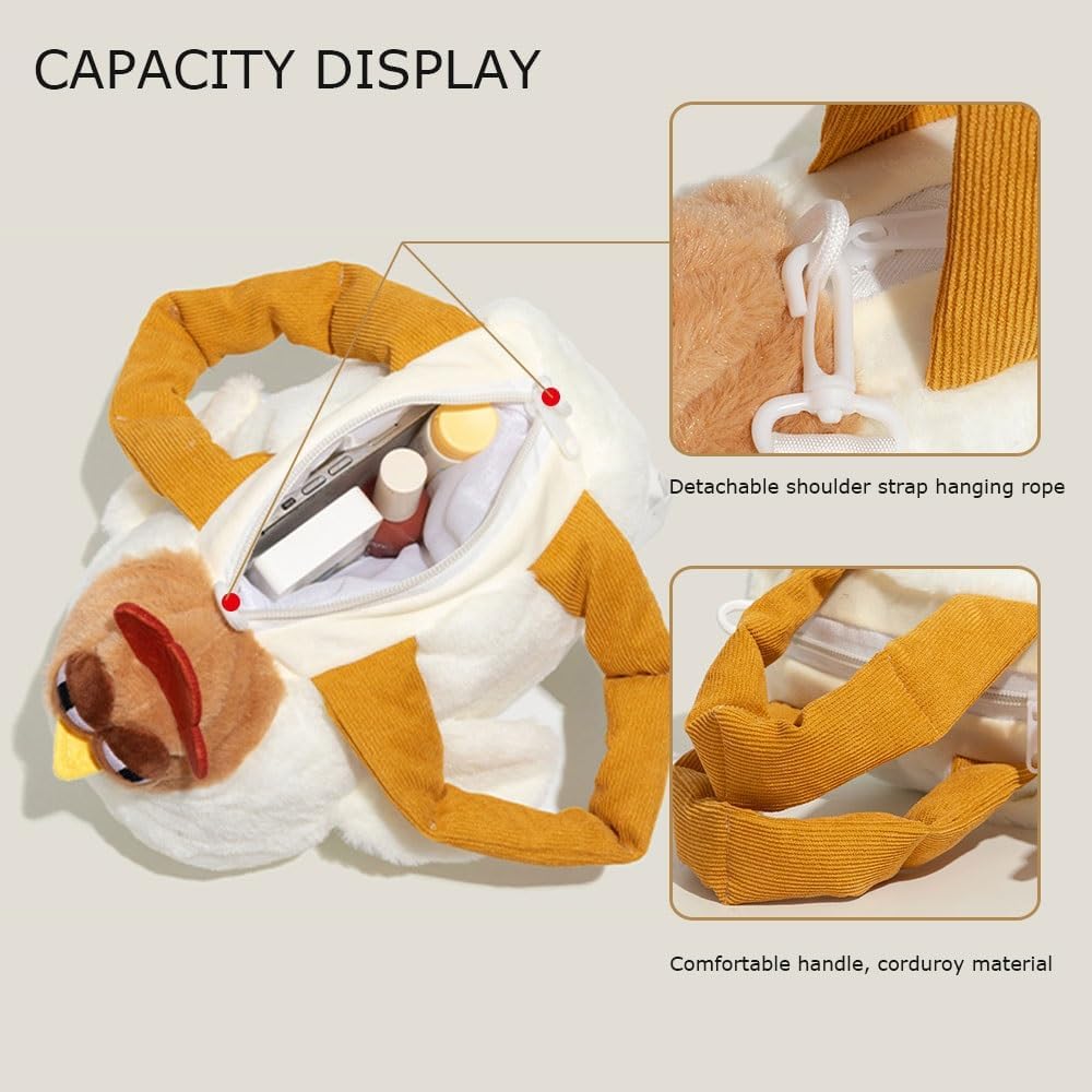Plush Chicken Cartoon Bag，Cute Hen Handbag with Adjustable Shoulder Strap，Zipper Shoulder Bags Purse for Women Gift