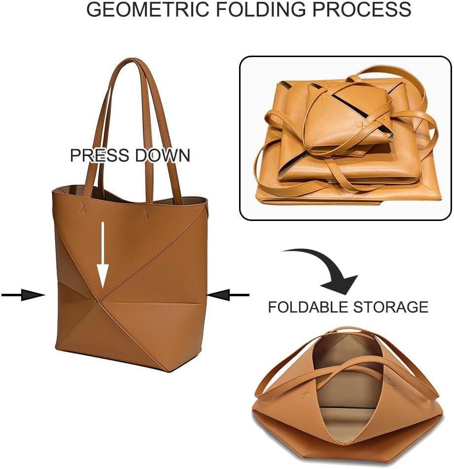 Foldable Geometry Handbags for Women,Genuine Leather Tote Bag with Lamb Charm,Puzzle Top-Handle Bags for Work