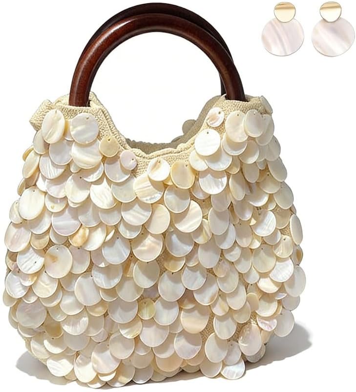 Vacation Shell Purse for Women，Handmade Natural Seashell Handbag with Wooden Handle，Beaded Clutch Bag & Shell Earrings Set