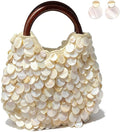 Vacation Shell Purse for Women，Handmade Natural Seashell Handbag with Wooden Handle，Beaded Clutch Bag & Shell Earrings Set