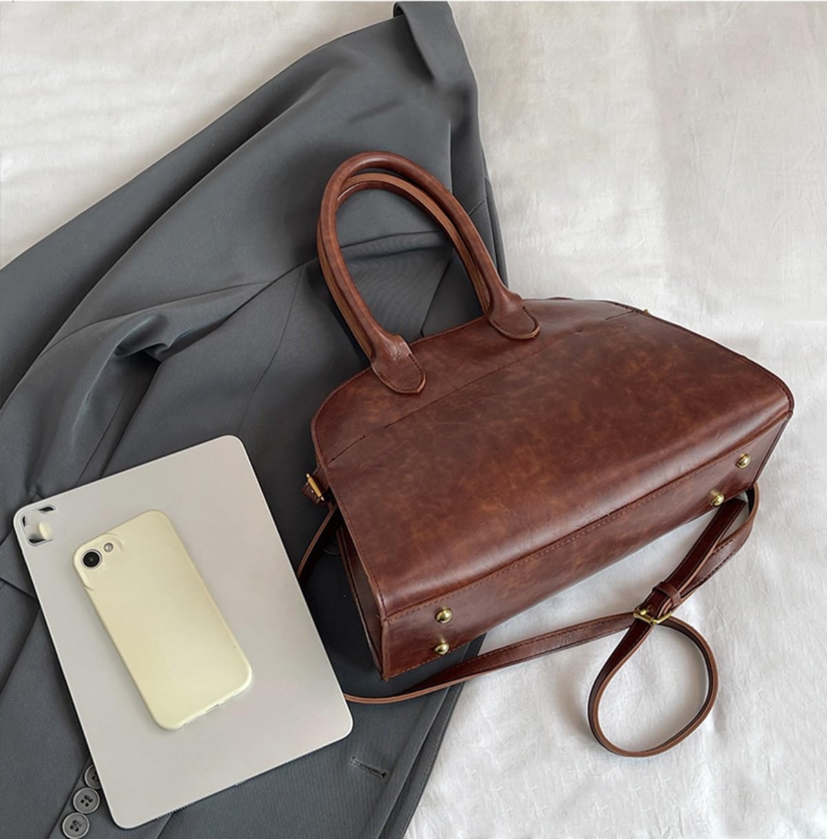 Womens Tote Bag Faux Leather Top Handle Bag Retro Shoulder Satchel with Straps for Women(Brown)