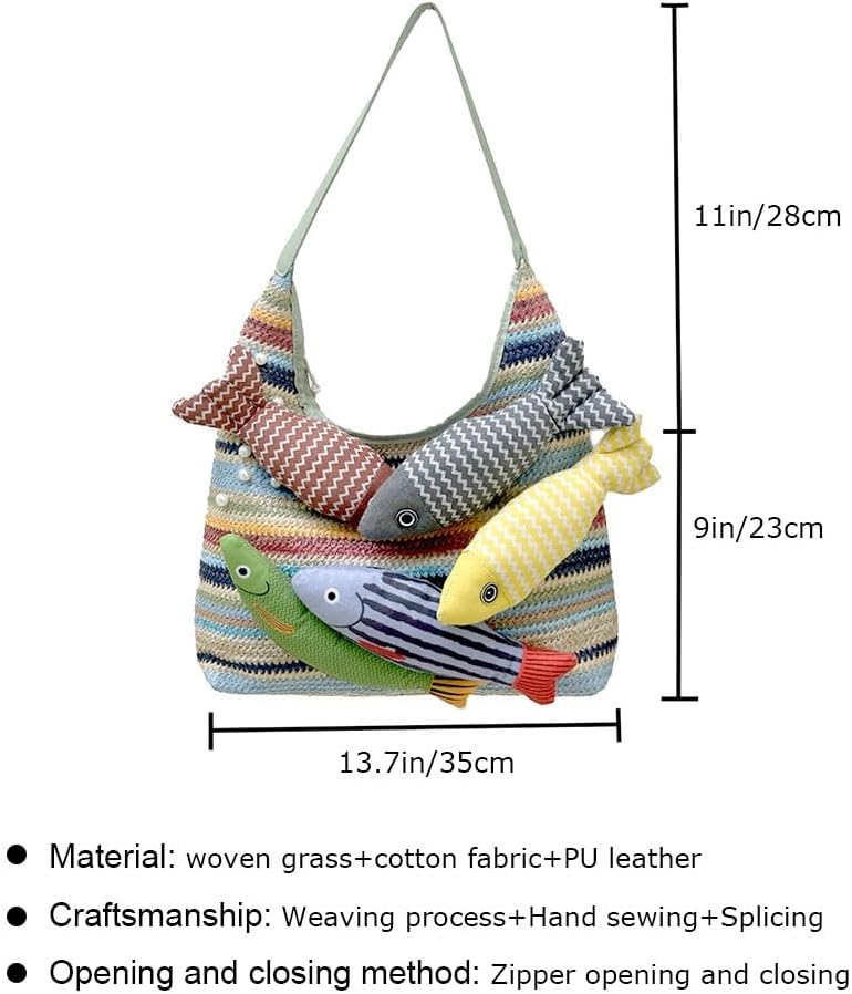 Women's Woven Colorful Straw Tote Bag，Beach Shoulder Handbag with Handmade Doll Fish，Straw Clutch for Summer Vacation
