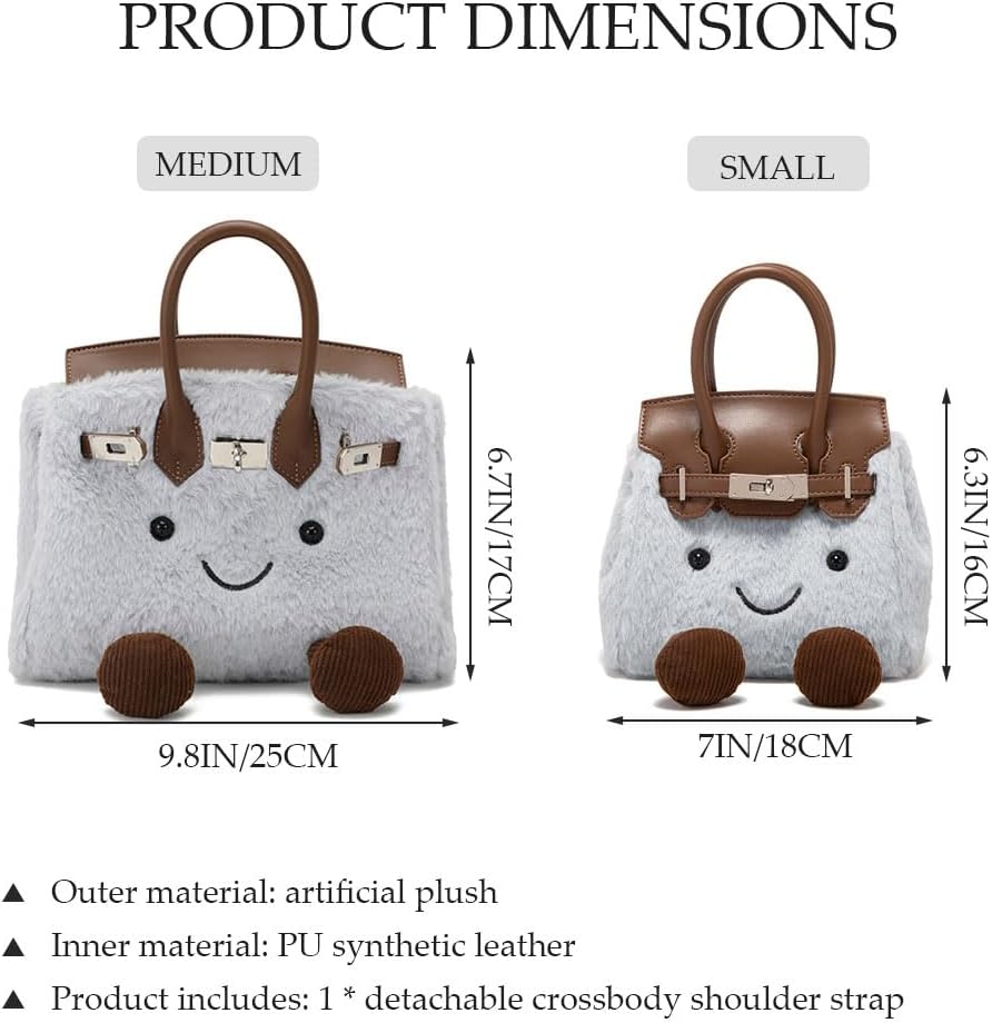 Women's Plush Handbag,Designer Cute Shoulder Bag with Smile Face & Strap,Casual Faux Fur Top Handle Bags for Autumn