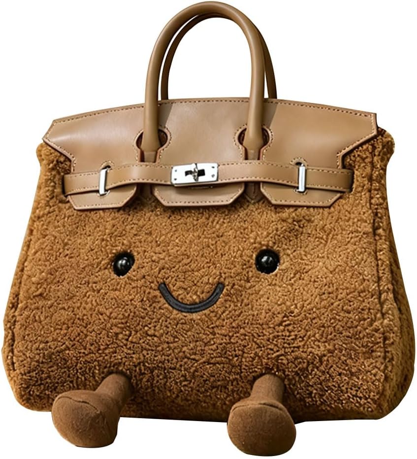 Women's Plush Handbag,Designer Cute Shoulder Bag with Smile Face & Strap,Casual Faux Fur Top Handle Bags for Autumn