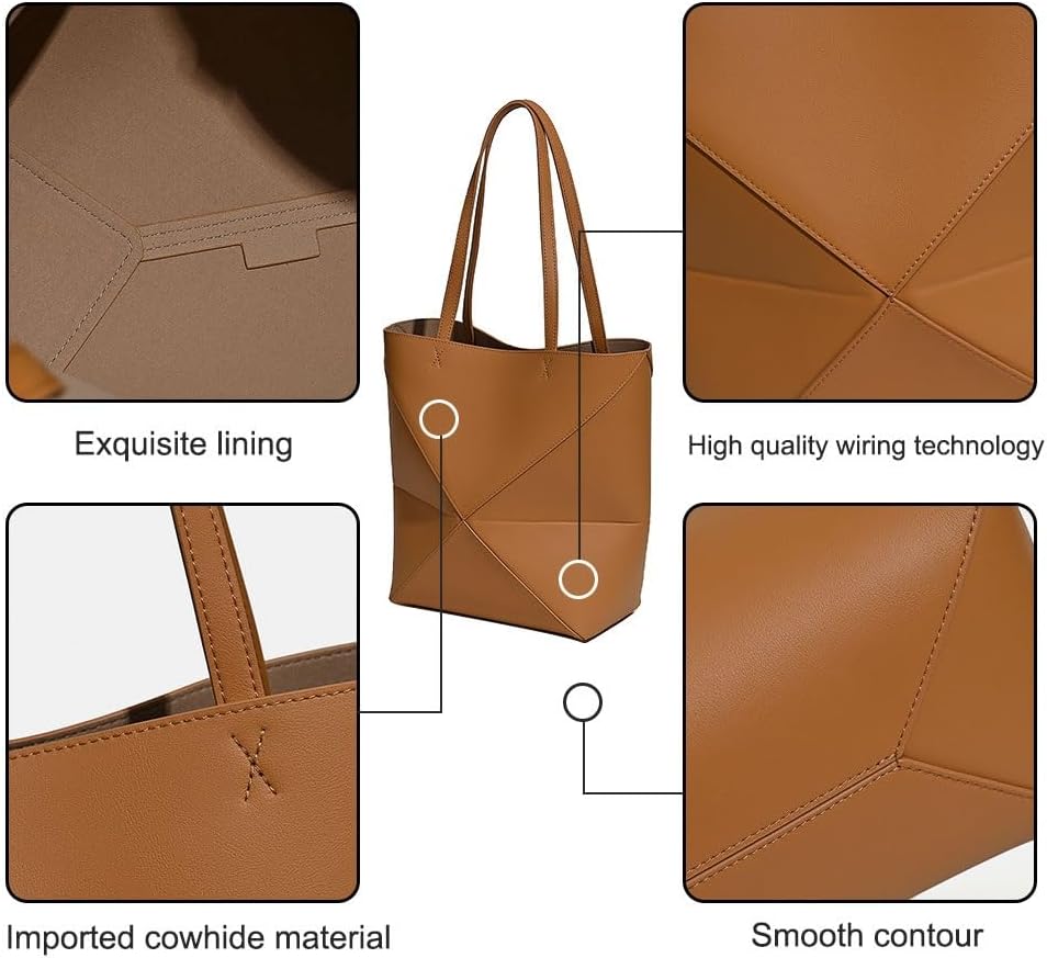 Foldable Geometry Handbags for Women,Genuine Leather Tote Bag with Lamb Charm,Puzzle Top-Handle Bags for Work