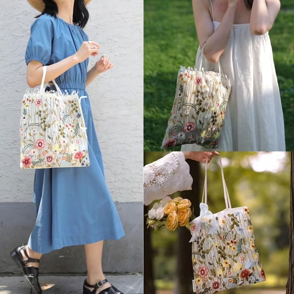 Embroidery Handbags for Women，Lace Silk Flower Tote Bag，Bohemian Shoulder Bags for Travel Daily Vacation Beach