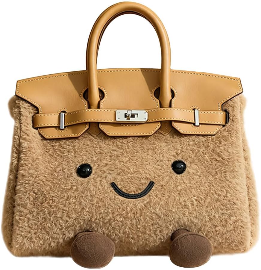 Women's Plush Handbag,Designer Cute Shoulder Bag with Smile Face & Strap,Casual Faux Fur Top Handle Bags for Autumn