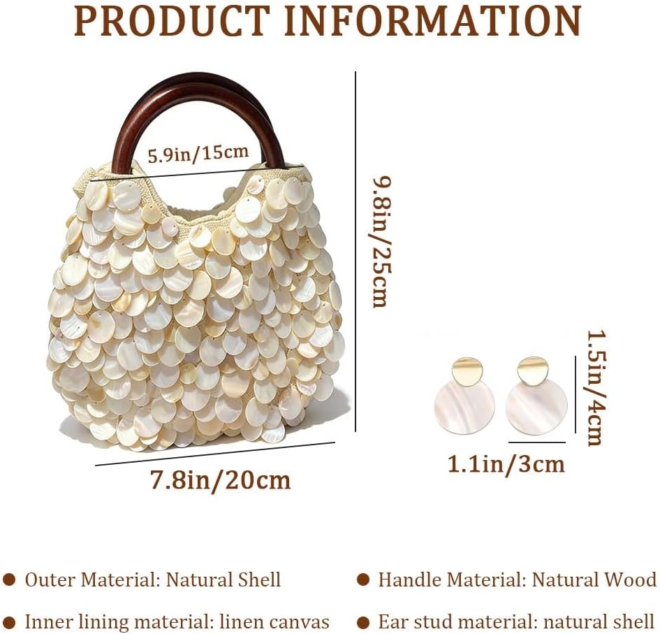 Vacation Shell Purse for Women，Handmade Natural Seashell Handbag with Wooden Handle，Beaded Clutch Bag & Shell Earrings Set