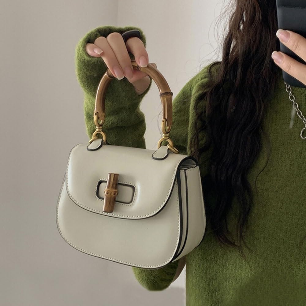 Women Genuine Leather Tote Handbags，Bamboo Top Handle Satchel Crossbody Bag with Adjustable Shoulder Strap