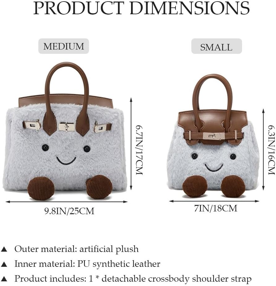 Women's Plush Handbag,Designer Cute Shoulder Bag with Smile Face & Strap,Casual Faux Fur Top Handle Bags for Autumn