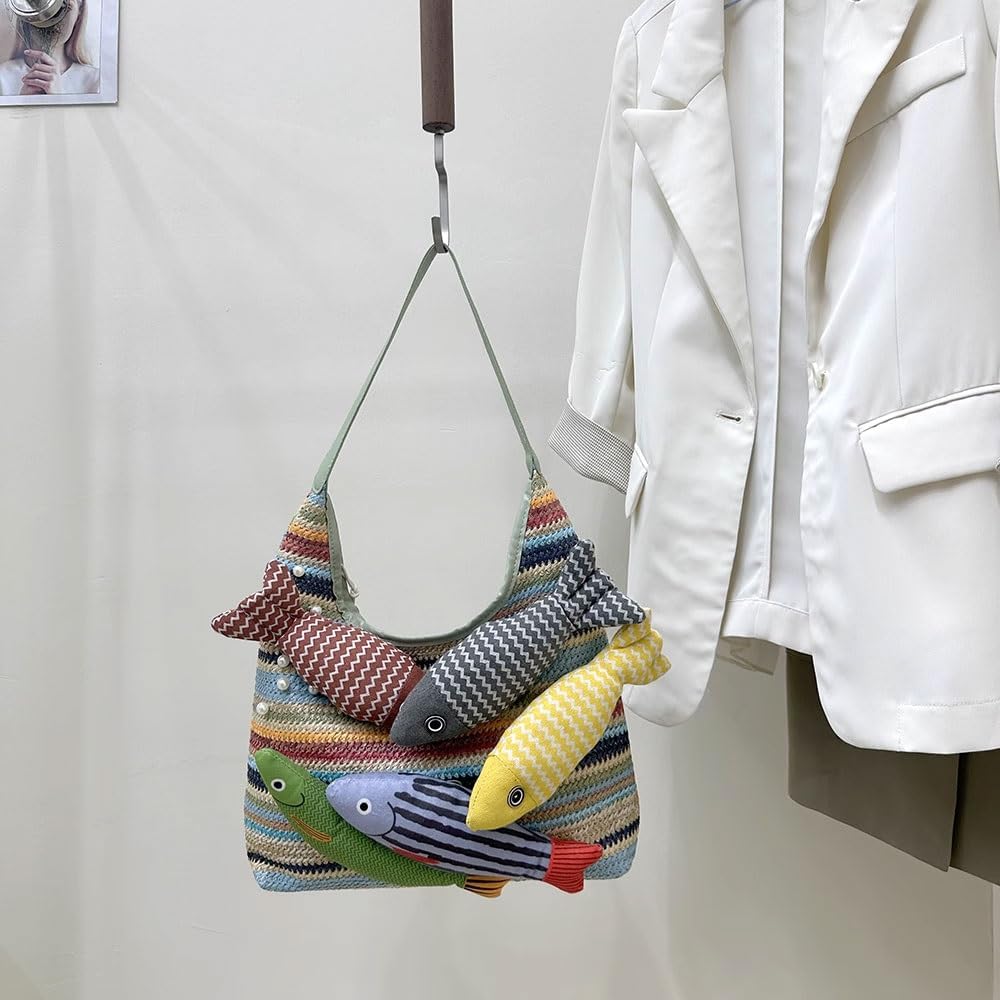 Women's Woven Colorful Straw Tote Bag，Beach Shoulder Handbag with Handmade Doll Fish，Straw Clutch for Summer Vacation