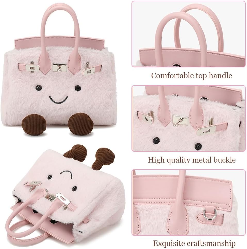 Women's Plush Handbag,Designer Cute Shoulder Bag with Smile Face & Strap,Casual Faux Fur Top Handle Bags for Autumn