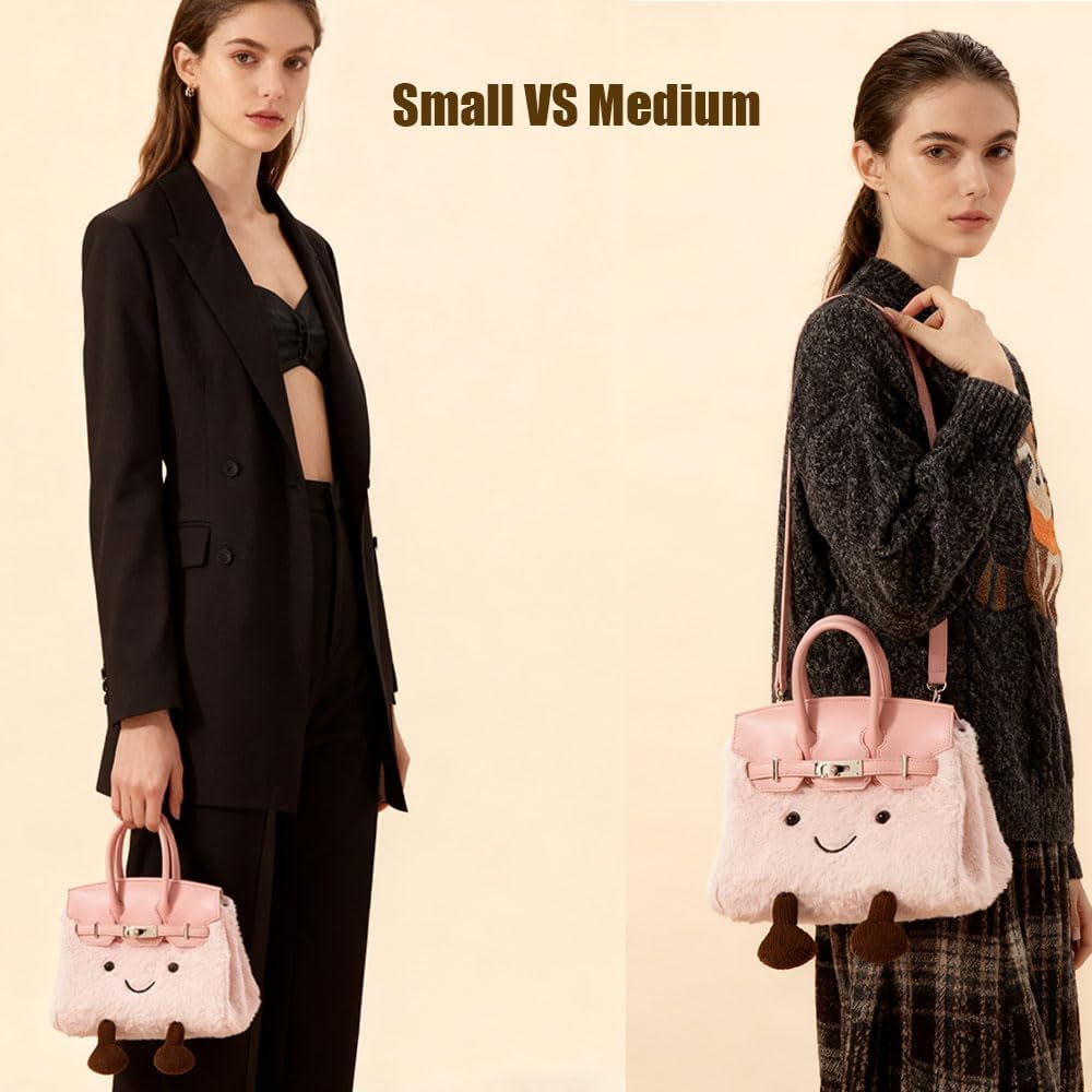 Women's Plush Handbag,Designer Cute Shoulder Bag with Smile Face & Strap,Casual Faux Fur Top Handle Bags for Autumn
