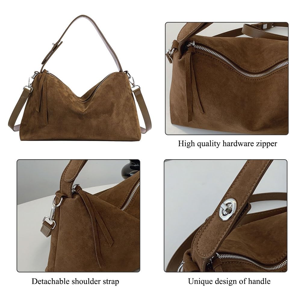 Suede Hobo Bags for Women,Faux Leather Handbags with Shoulder Strap, Crossbody Purse with Flower Keychain for Autumn