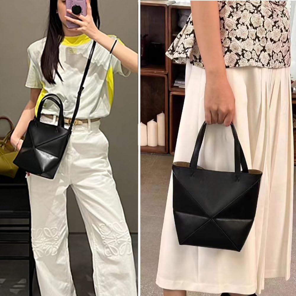 Foldable Geometry Handbags for Women,Genuine Leather Tote Bag with Lamb Charm,Puzzle Top-Handle Bags for Work