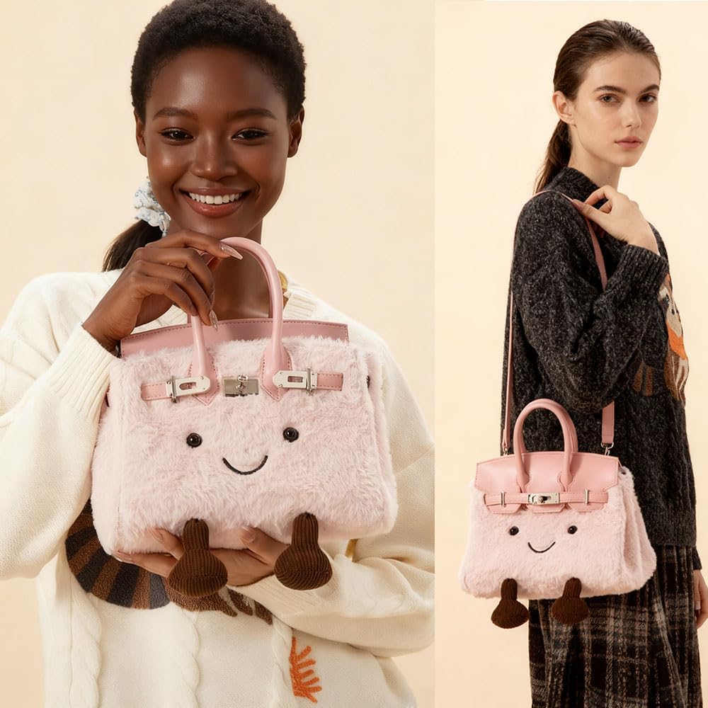 Women's Plush Handbag,Designer Cute Shoulder Bag with Smile Face & Strap,Casual Faux Fur Top Handle Bags for Autumn