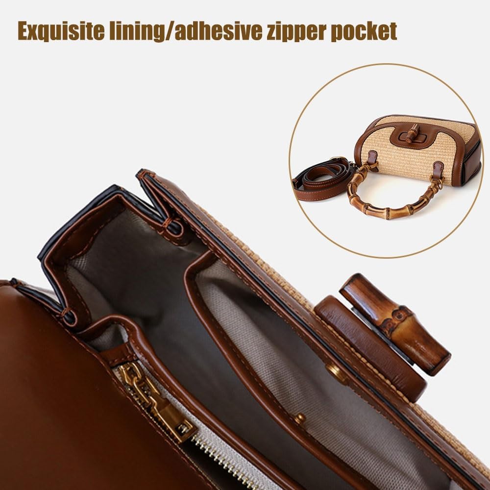 Women's Handmade Straw Tote Handbags，Genuine Leather+Straw Woven Bamboo Top Handle Satchel Crossbody Bag