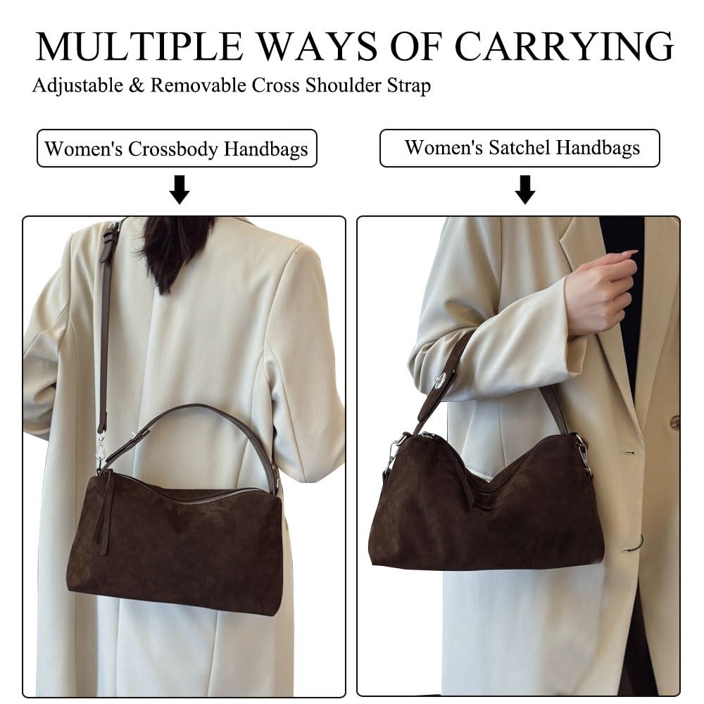 Suede Hobo Bags for Women,Faux Leather Handbags with Shoulder Strap, Crossbody Purse with Flower Keychain for Autumn