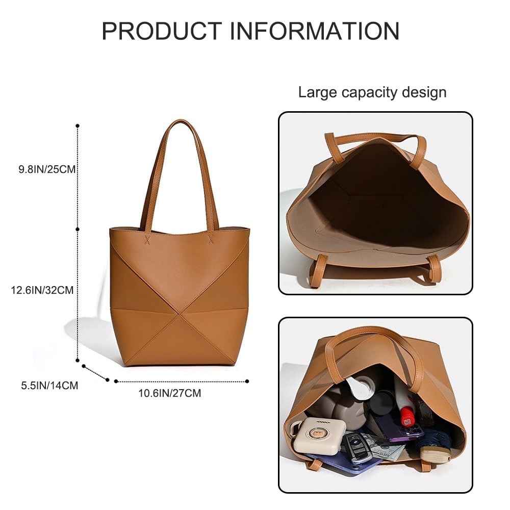 Genuine Leather Tote Bag for Women，Foldable Geometric Work Handbag，Puzzle Large Capacity Bags for Commuting