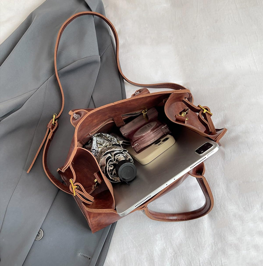 Womens Tote Bag Faux Leather Top Handle Bag Retro Shoulder Satchel with Straps for Women(Brown)