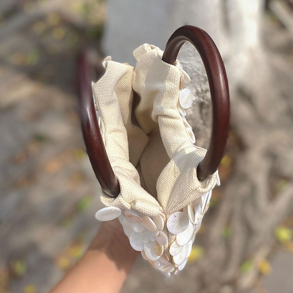 Vacation Shell Purse for Women，Handmade Natural Seashell Handbag with Wooden Handle，Beaded Clutch Bag & Shell Earrings Set