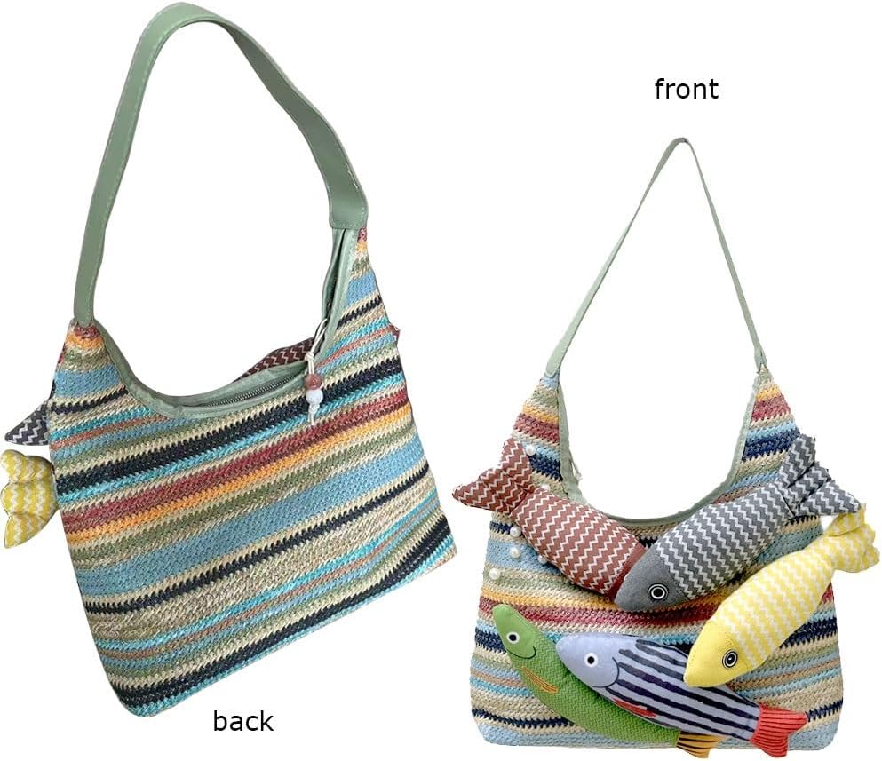 Women's Woven Colorful Straw Tote Bag，Beach Shoulder Handbag with Handmade Doll Fish，Straw Clutch for Summer Vacation
