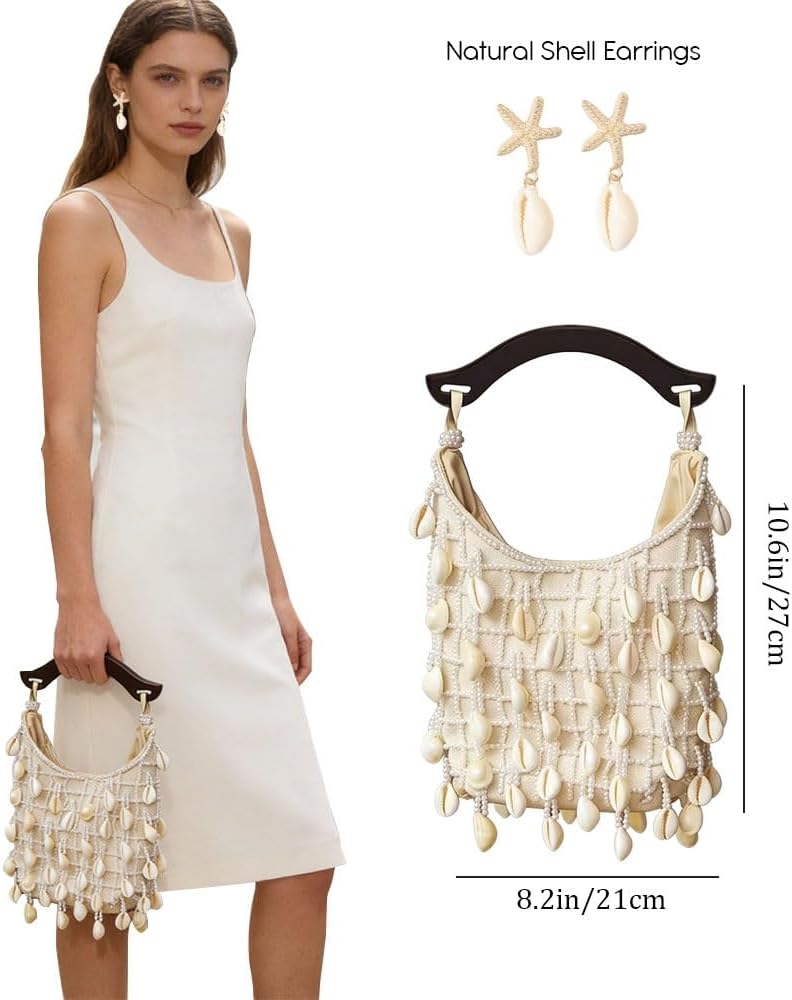 Shell Handbag for Women,Handmade Seashell Purse Bag with Wooden Handle,Beaded Clutch Top Handle Bags for Beach Vacation