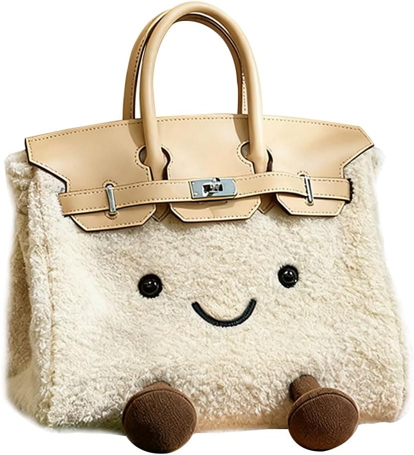 Women's Plush Handbag,Designer Cute Shoulder Bag with Smile Face & Strap,Casual Faux Fur Top Handle Bags for Autumn