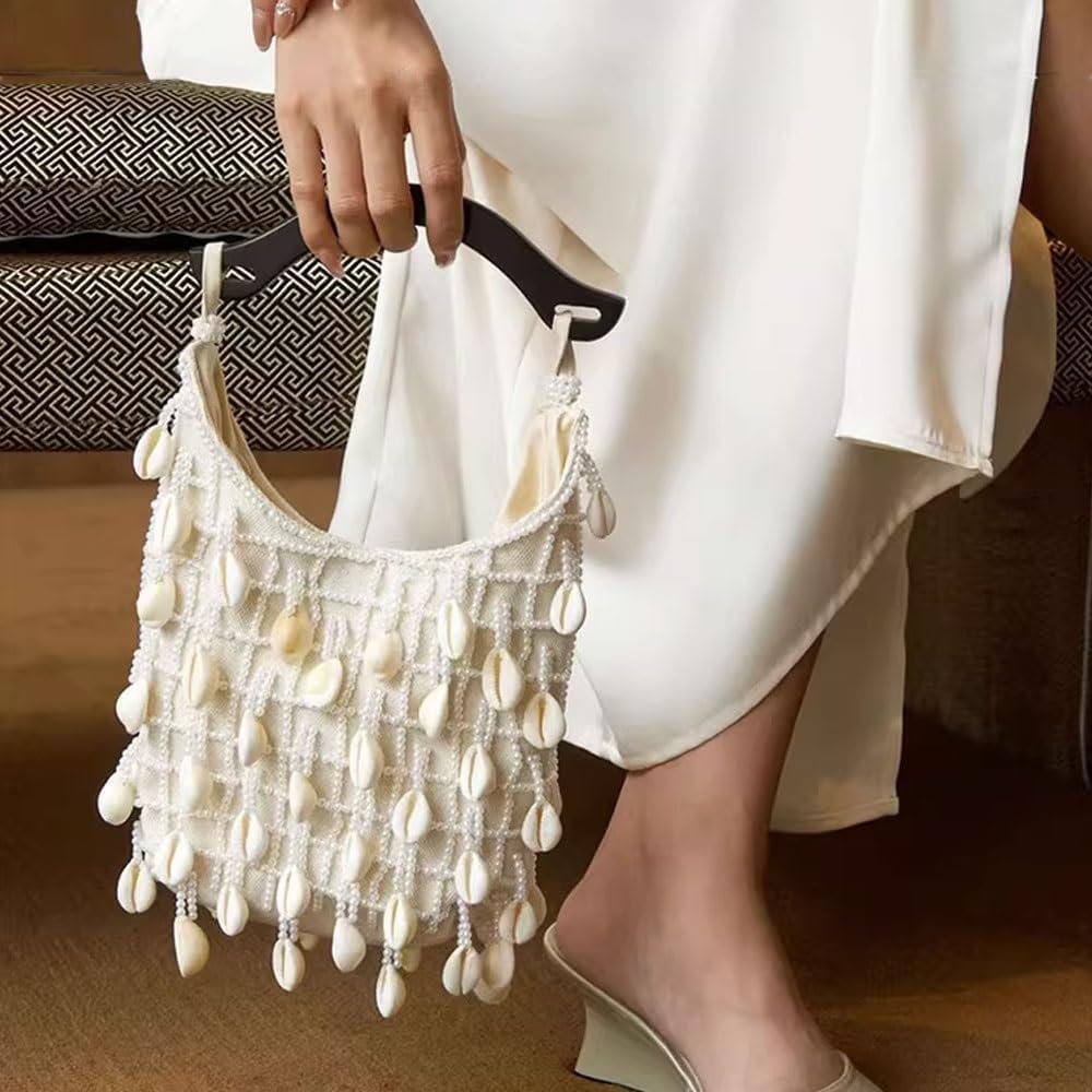 Shell Handbag for Women,Handmade Seashell Purse Bag with Wooden Handle,Beaded Clutch Top Handle Bags for Beach Vacation