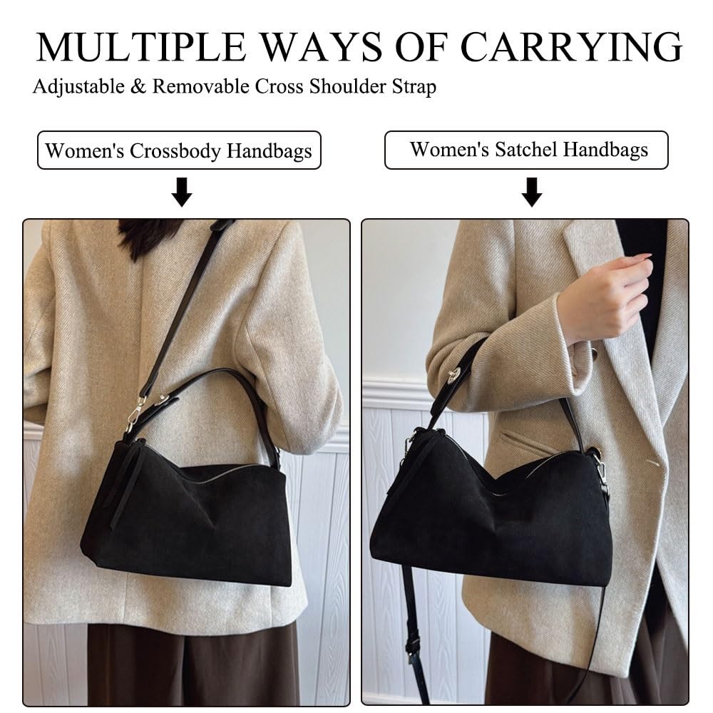 Suede Hobo Bags for Women,Faux Leather Handbags with Shoulder Strap, Crossbody Purse with Flower Keychain for Autumn