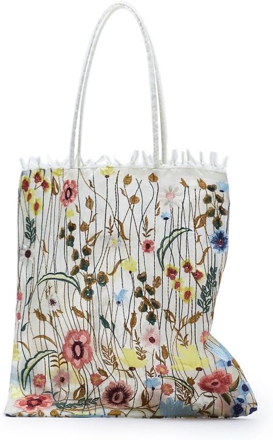 Embroidery Handbags for Women，Lace Silk Flower Tote Bag，Bohemian Shoulder Bags for Travel Daily Vacation Beach