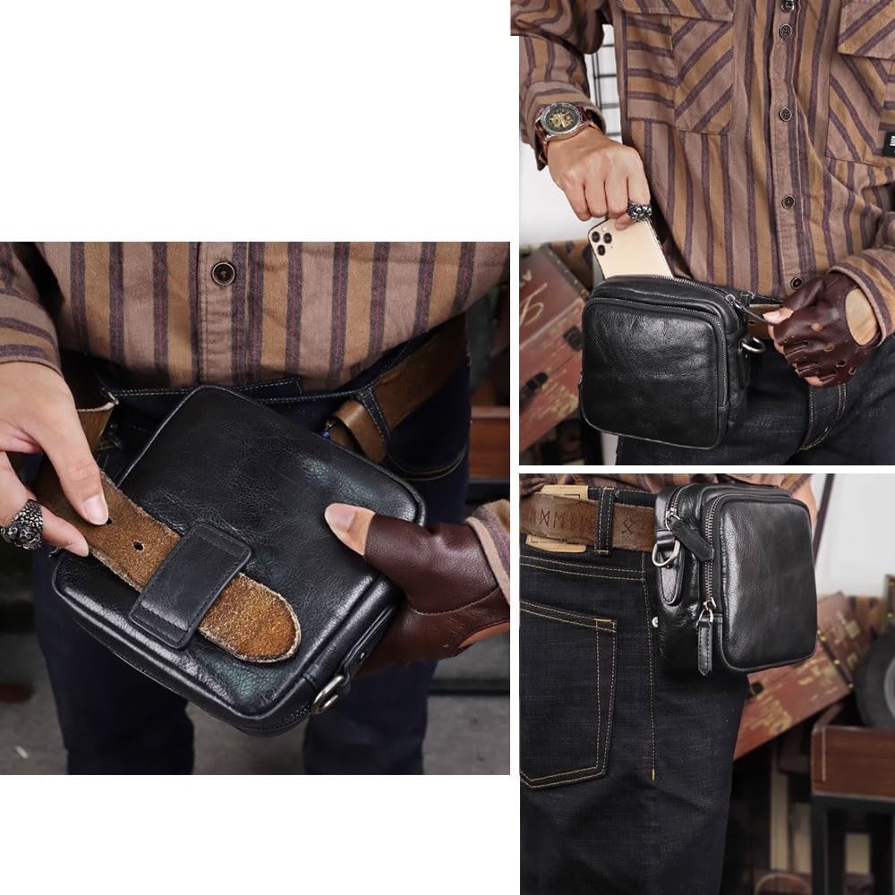 Leather Crossbody Bag for Men，Genuine Shoulder Bags with Zipper closure/Nylon Shoulder Strap，Women Mini Anti