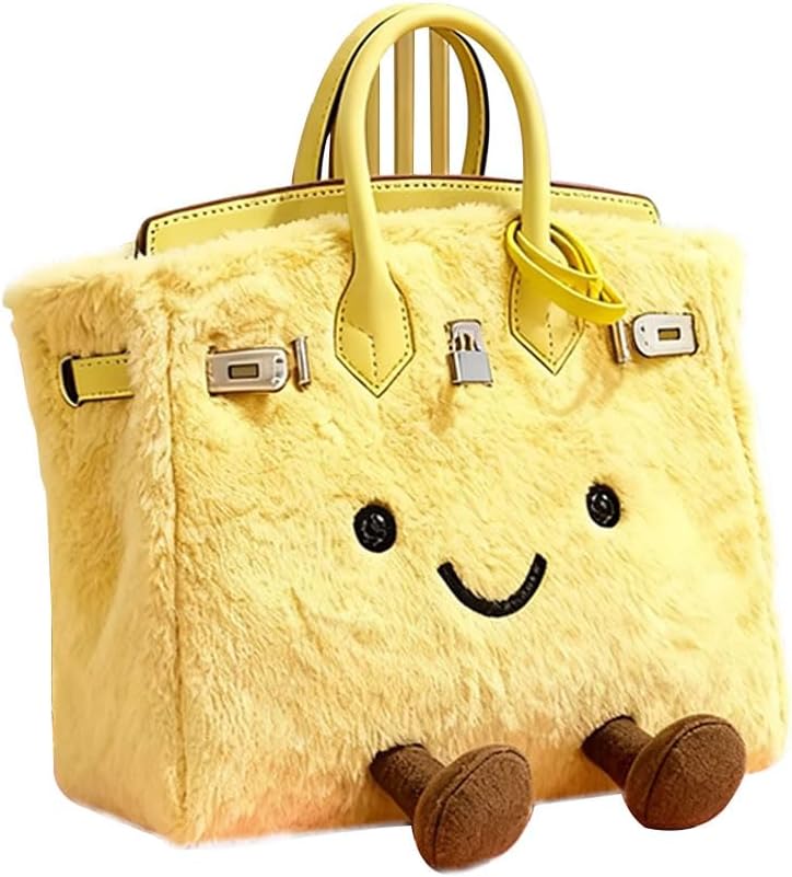 Women's Plush Handbag,Designer Cute Shoulder Bag with Smile Face & Strap,Casual Faux Fur Top Handle Bags for Autumn