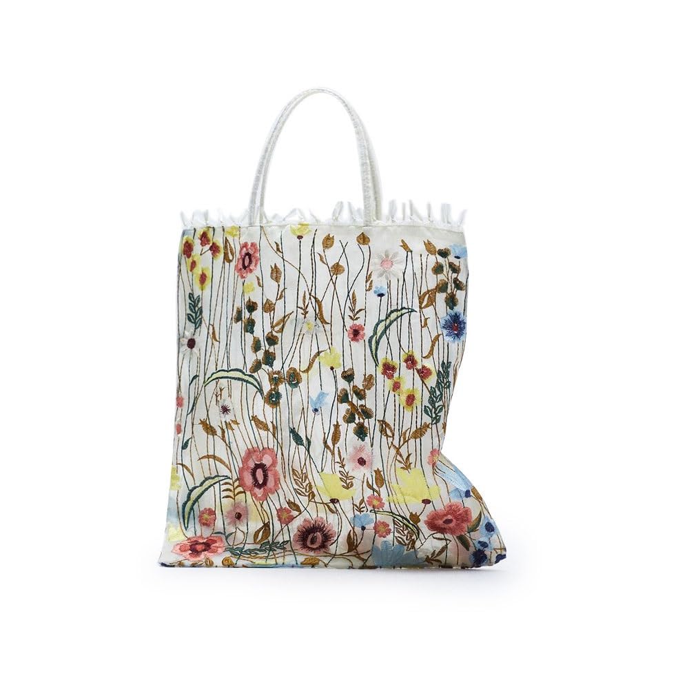Embroidery Handbags for Women，Lace Silk Flower Tote Bag，Bohemian Shoulder Bags for Travel Daily Vacation Beach