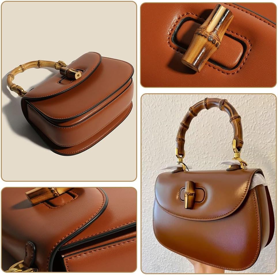 Women Genuine Leather Tote Handbags，Bamboo Top Handle Satchel Crossbody Bag with Adjustable Shoulder Strap