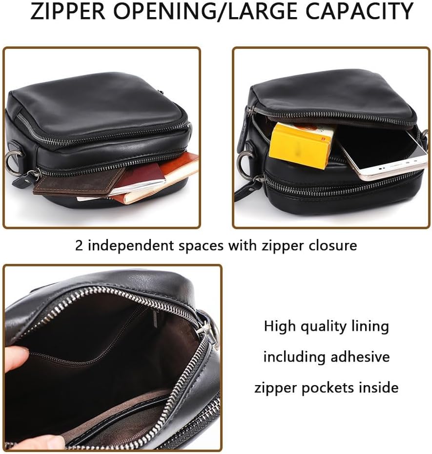 Leather Crossbody Bag for Men，Genuine Shoulder Bags with Zipper closure/Nylon Shoulder Strap，Women Mini Anti