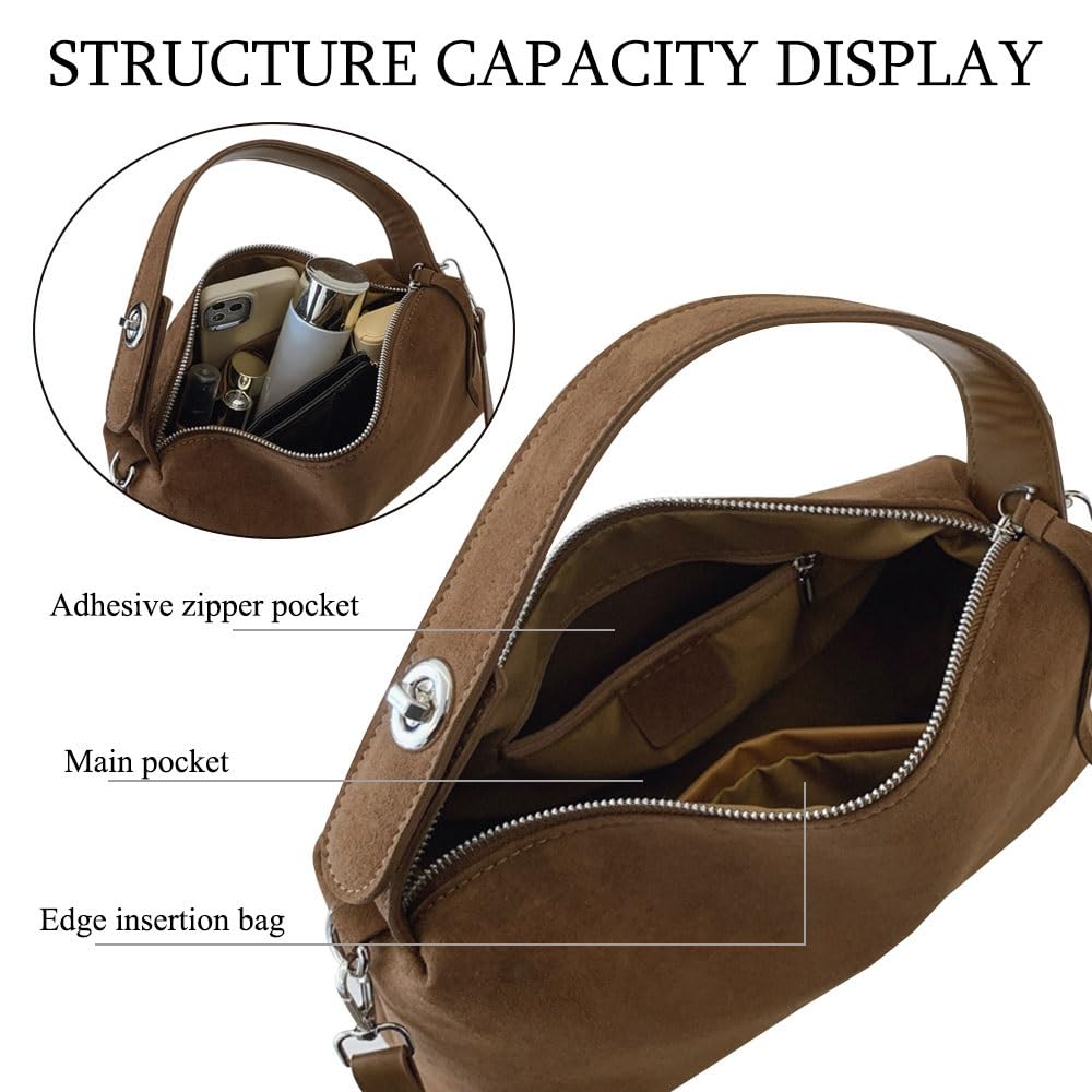 Suede Hobo Bags for Women,Faux Leather Handbags with Shoulder Strap, Crossbody Purse with Flower Keychain for Autumn