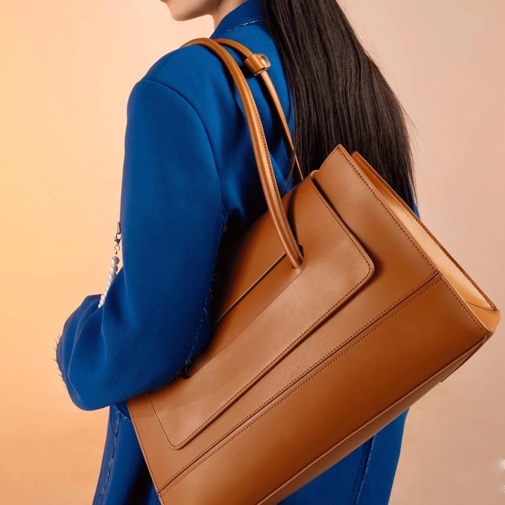 Genuine Leather Tote Bags for Women，15 inch Vintage Large Underarm Commuter Bag，Business Teacher Shoulder Bags