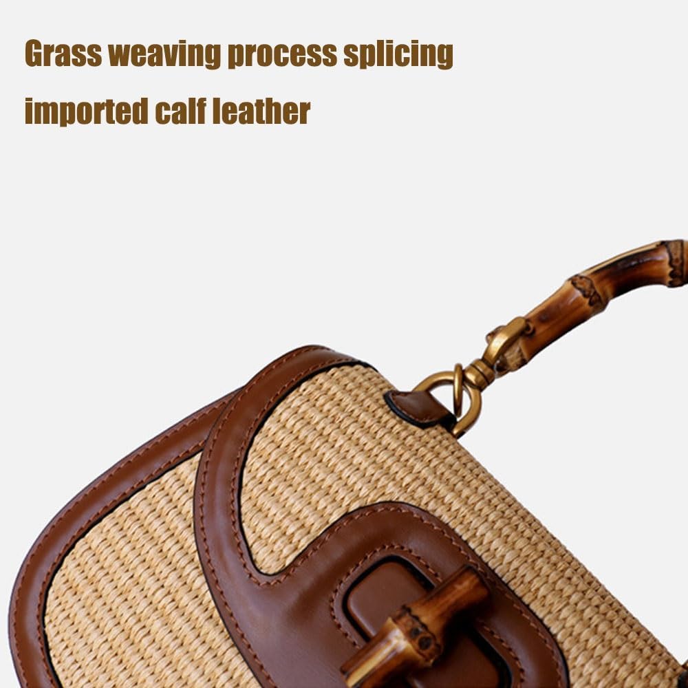 Women's Handmade Straw Tote Handbags，Genuine Leather+Straw Woven Bamboo Top Handle Satchel Crossbody Bag