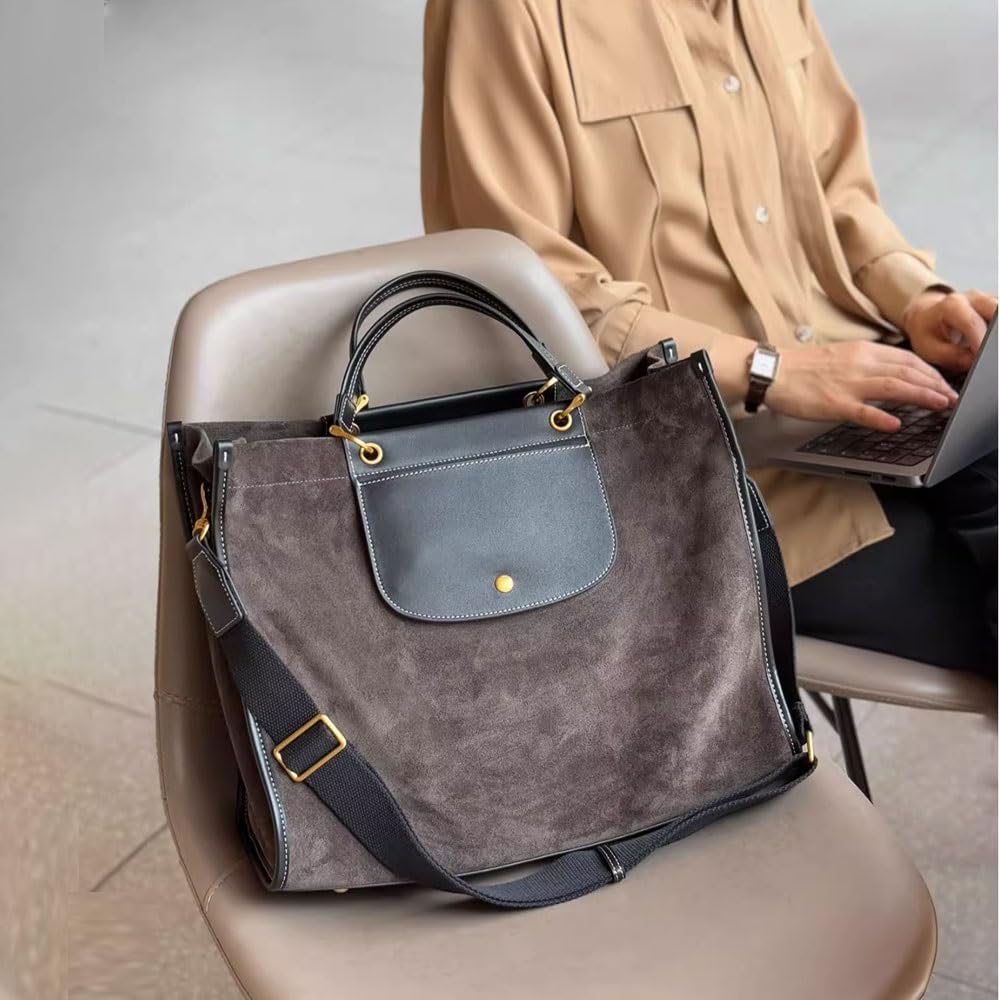 Suede Tote Bag for Women,Nubuck Leather Handbag with Strap,Commuter Shoulder Bags,Trendy Large Crossbody Purse for Fall