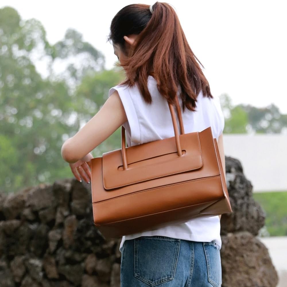 Genuine Leather Tote Bags for Women，15 inch Vintage Large Underarm Commuter Bag，Business Teacher Shoulder Bags