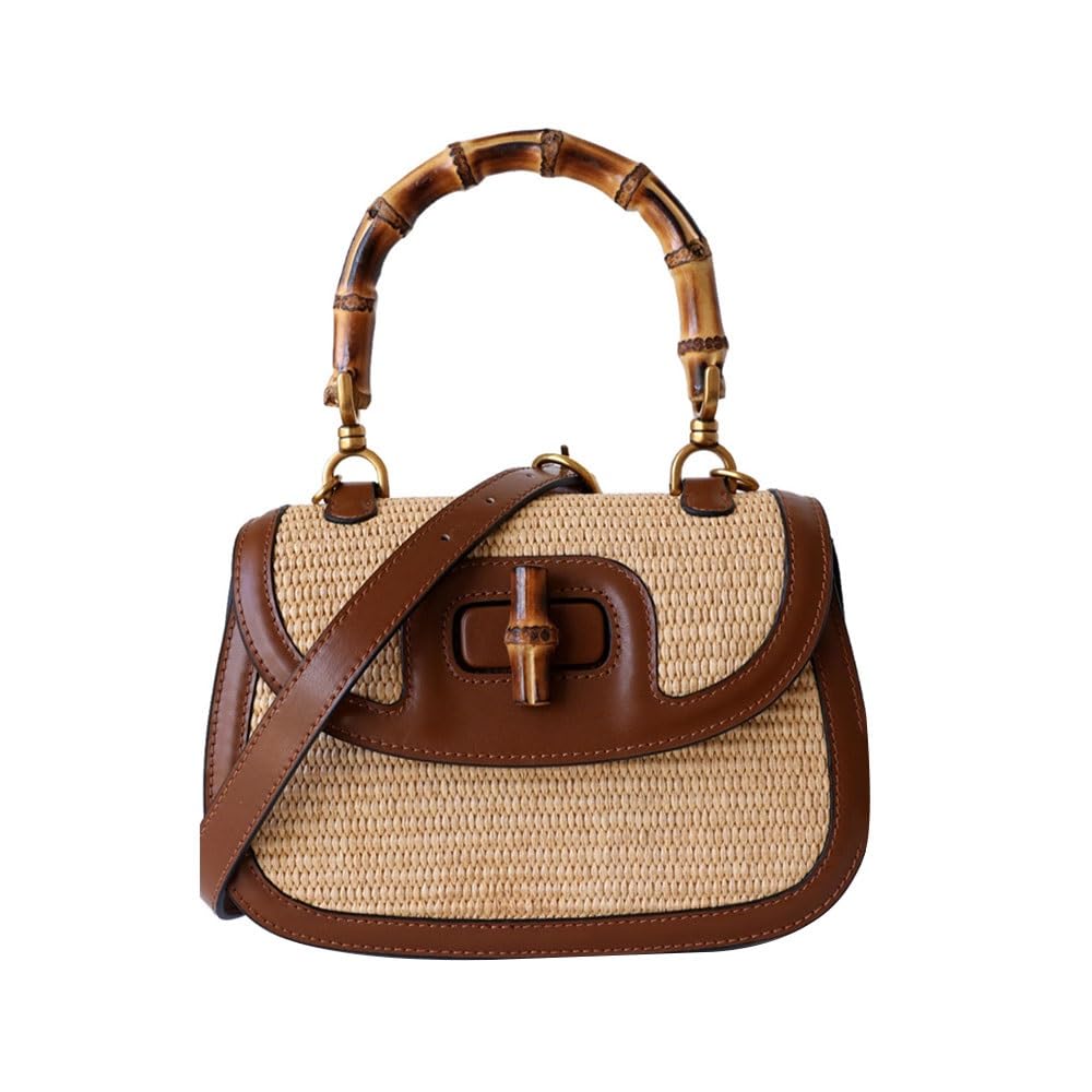 Women's Handmade Straw Tote Handbags，Genuine Leather+Straw Woven Bamboo Top Handle Satchel Crossbody Bag