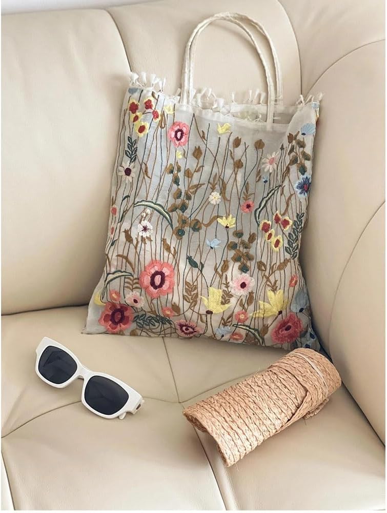 Embroidery Handbags for Women，Lace Silk Flower Tote Bag，Bohemian Shoulder Bags for Travel Daily Vacation Beach