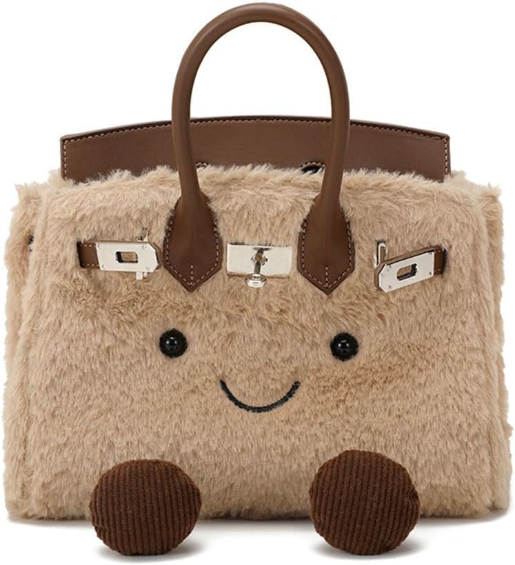 Women's Plush Handbag,Designer Cute Shoulder Bag with Smile Face & Strap,Casual Faux Fur Top Handle Bags for Autumn