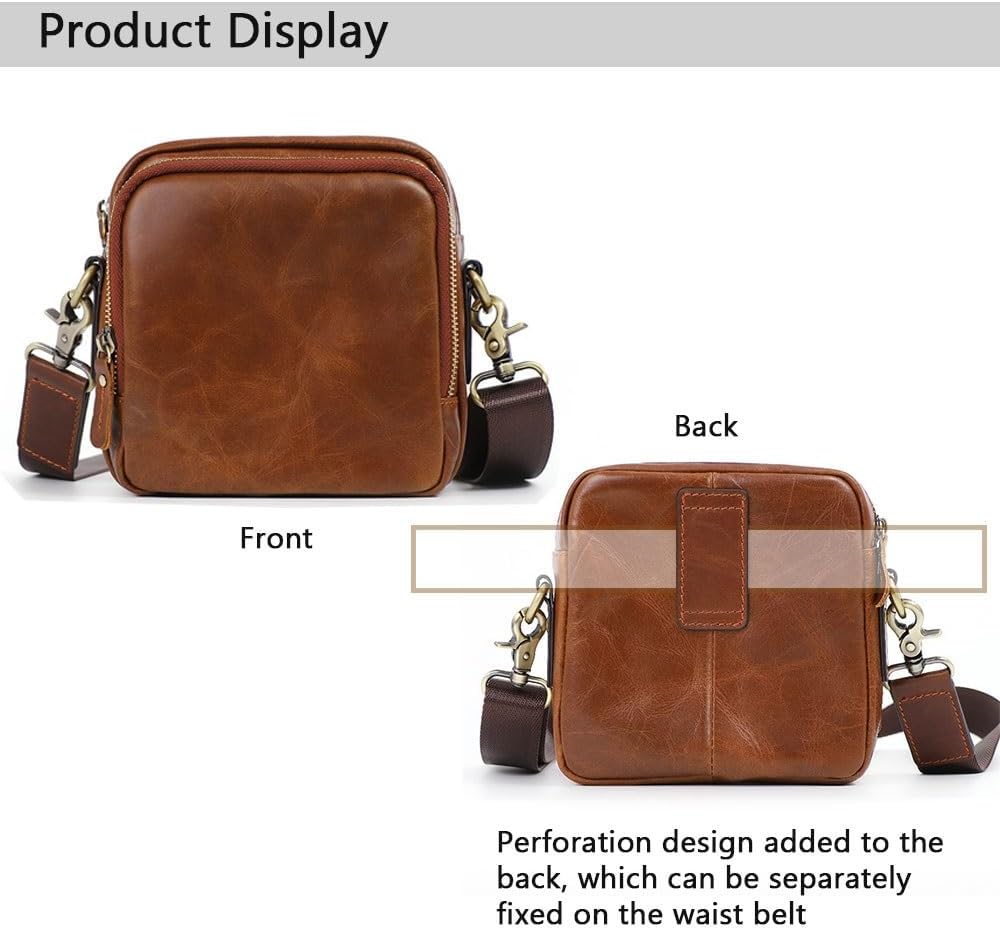 Leather Crossbody Bag for Men，Genuine Shoulder Bags with Zipper closure/Nylon Shoulder Strap，Women Mini Anti