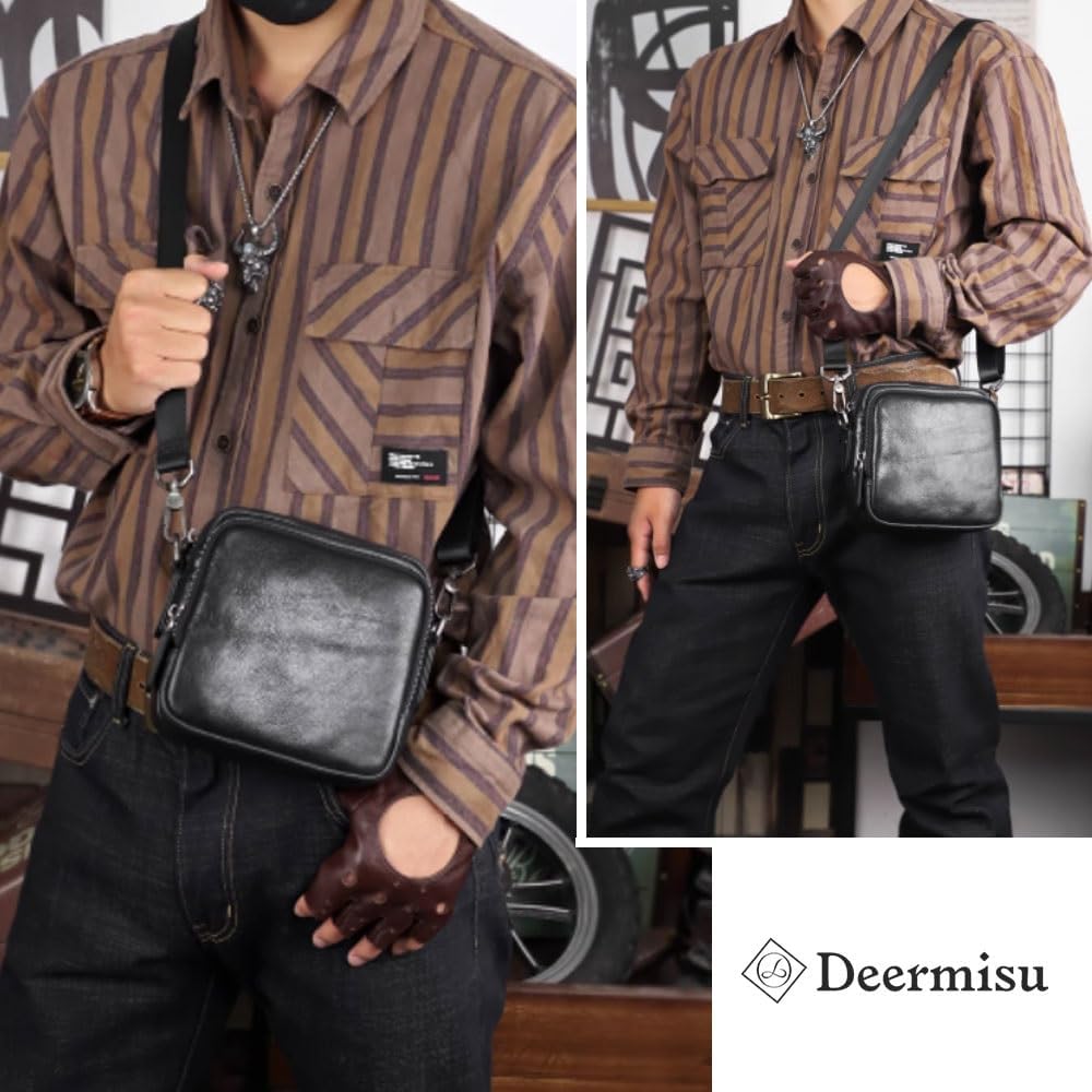 Leather Crossbody Bag for Men，Genuine Shoulder Bags with Zipper closure/Nylon Shoulder Strap，Women Mini Anti