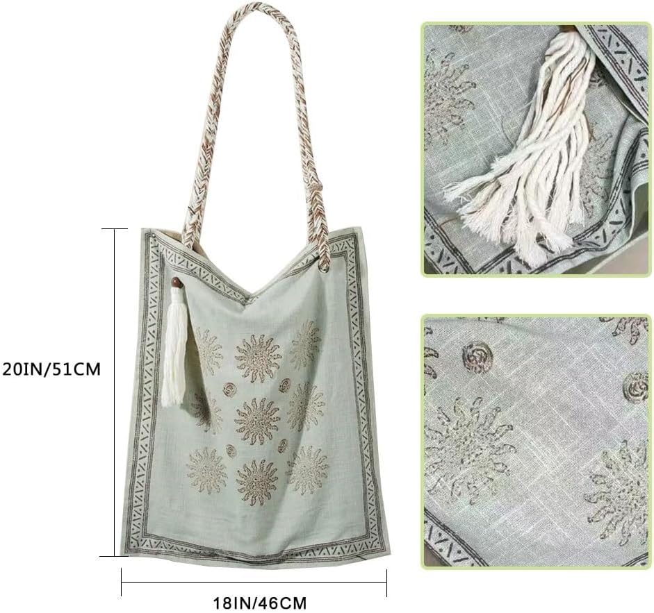 Bohemian Linen Crossbody Bag for Women，Casual Hobo Bags with Flower Patterns/Braided Tassel Shoulder Straps