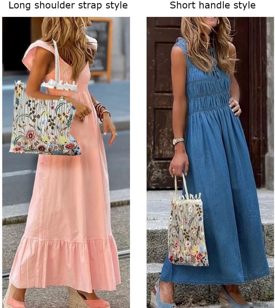 Embroidery Handbags for Women，Lace Silk Flower Tote Bag，Bohemian Shoulder Bags for Travel Daily Vacation Beach